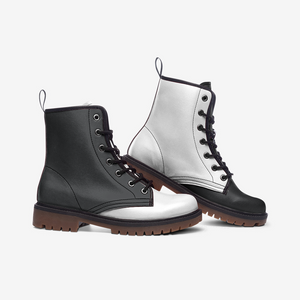 Black and White Split Leather Boots| Monochrome Contrast Combat Boots| Dual-Tone Urban Lace-Up Boots| Vegan Leather| fashion| trendy| women| men