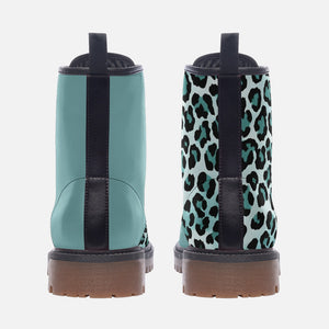 Split Design Blue Leopard Vegan Combat Boots | Two Tone Teal & Animal Print Ankle Bootie | 90s Grunge Punk Vegan Leather Shoes | Festival Edgy E-girl Style
