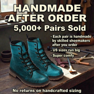 a pair of handmade blue boots on a wooden table, with a sign advertising a "Handmade After Order" promotion.