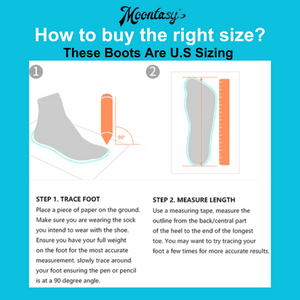 The image provides instructions on how to buy the right size of these boots, using a diagram and measurements.