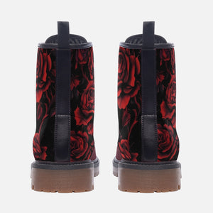 Plum & Black Romantic Goth Boots | Gothic Vegan Combat Bootie with Red Roses | Dark Floral Print Shoes | Victorian Punk Rock Footwear
