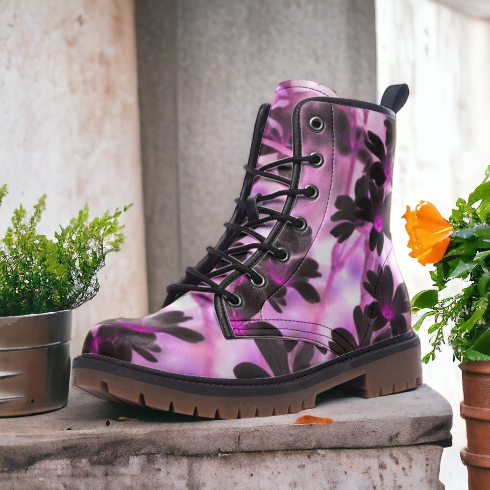 Purple Flowered Vegan Combat Boots| Colorful Faux Leather Shoes| Wide Comfy Boots| Pink Lacing up boot For Women| Giftfully-for-mother