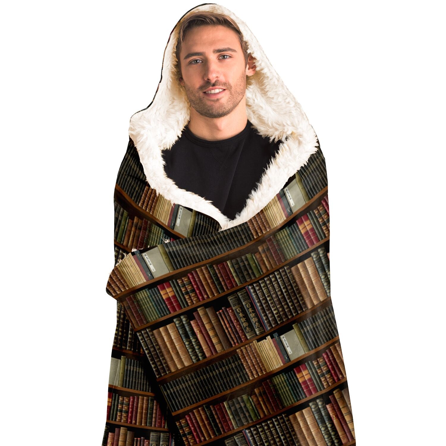 Library Book Lover Hooded Blanket (for Men/Brown)