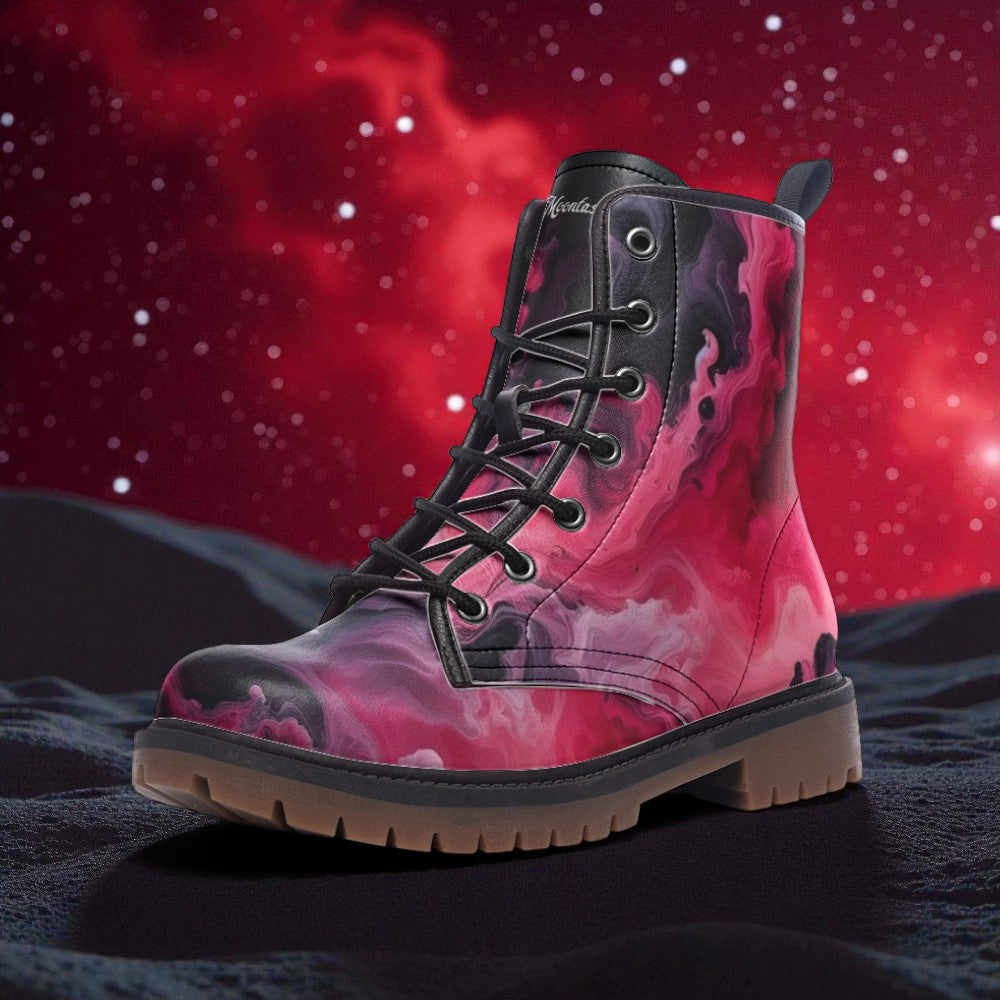 A vibrant pink and black boot with a striking abstract pattern stands out against a backdrop of a red starry sky.