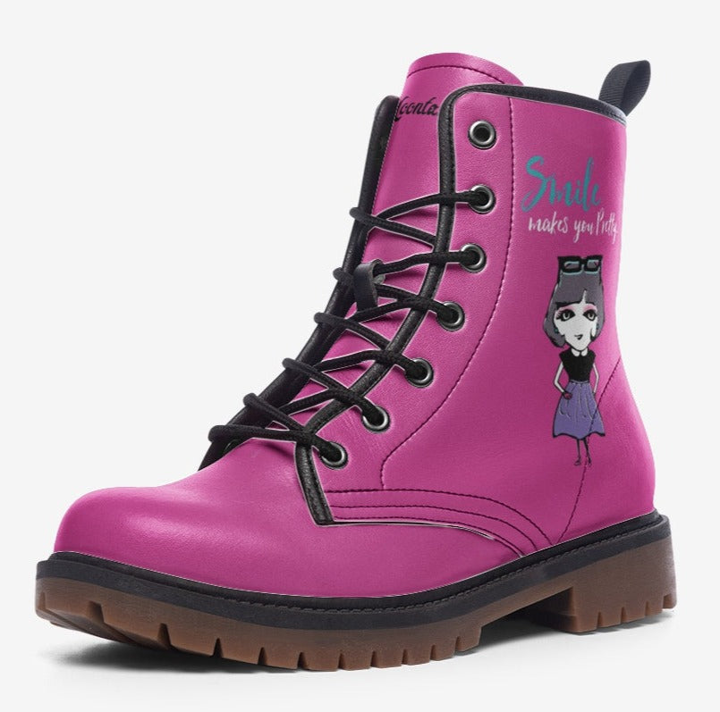 a pink boot with a cartoon character on it