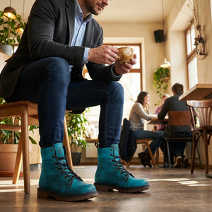 A man wearing blue boots is sitting in a cafe, holding a cup of coffee and looking at his phone.