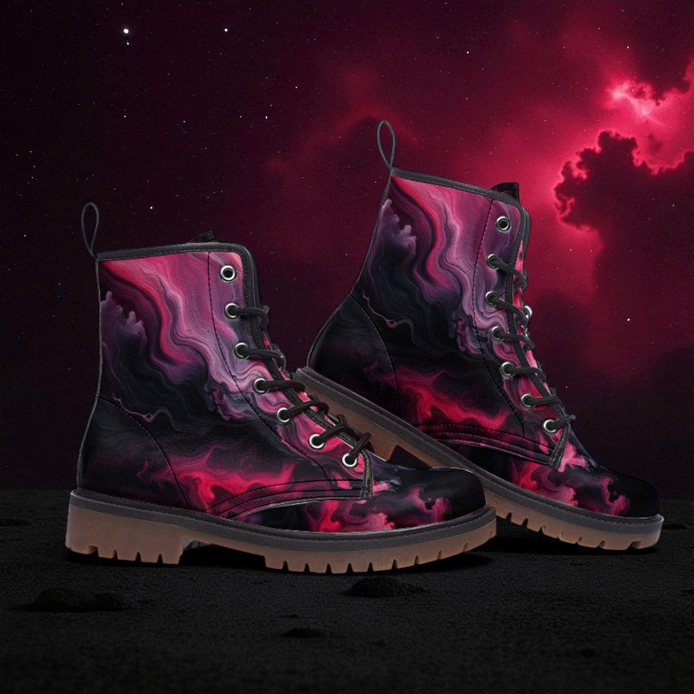 A pair of vibrant, colorful boots with swirling patterns stands out against a dark, starry background.