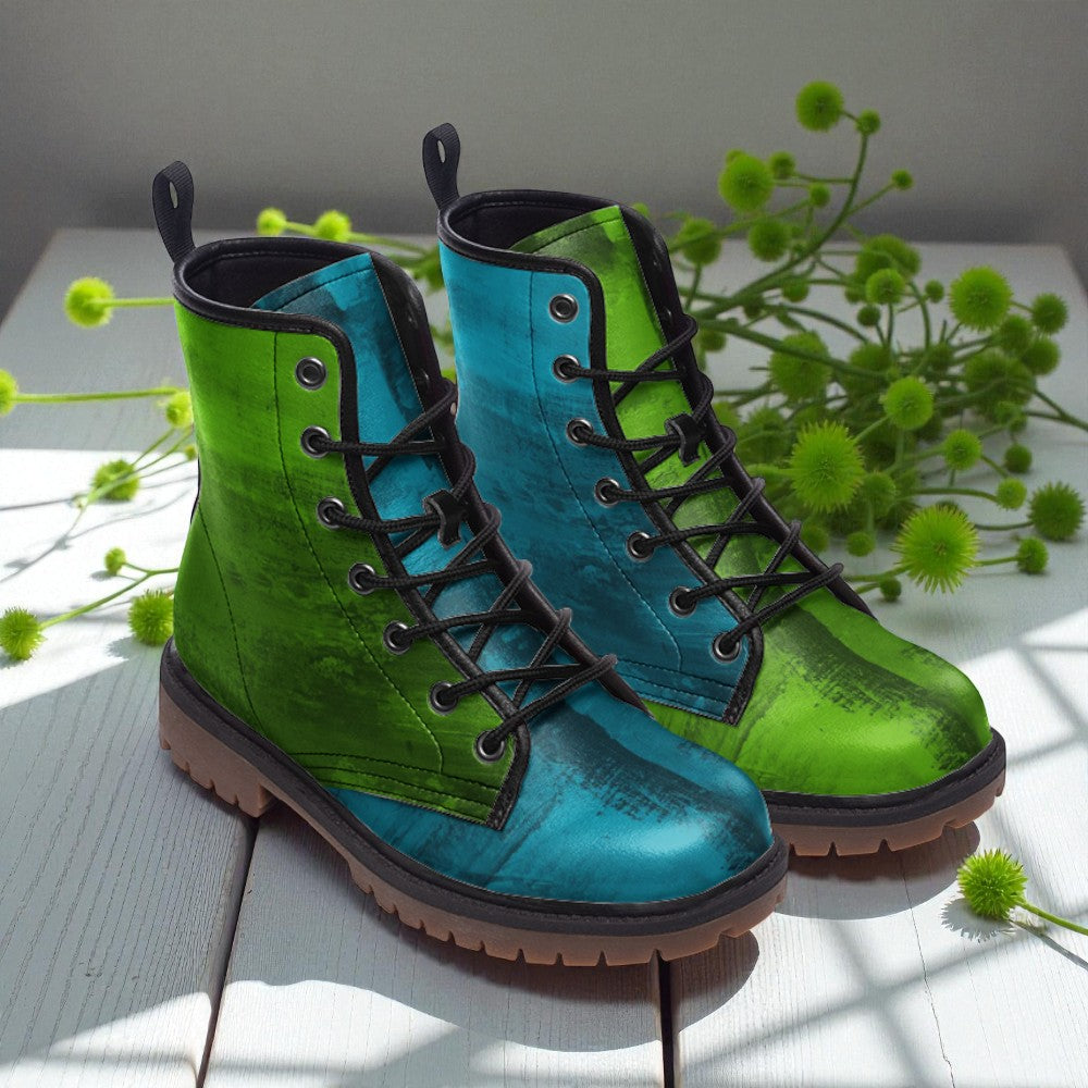 A pair of vibrant green and blue boots with black laces, placed on a white surface with green plants in the background.