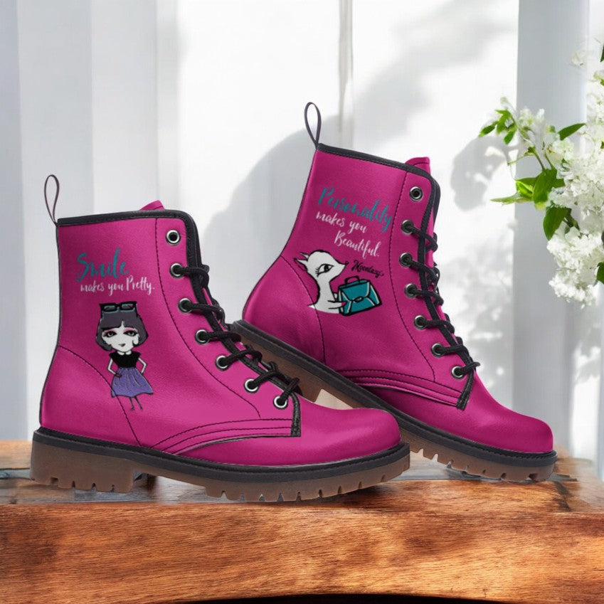 a pair of pink boots with a cartoon character on them