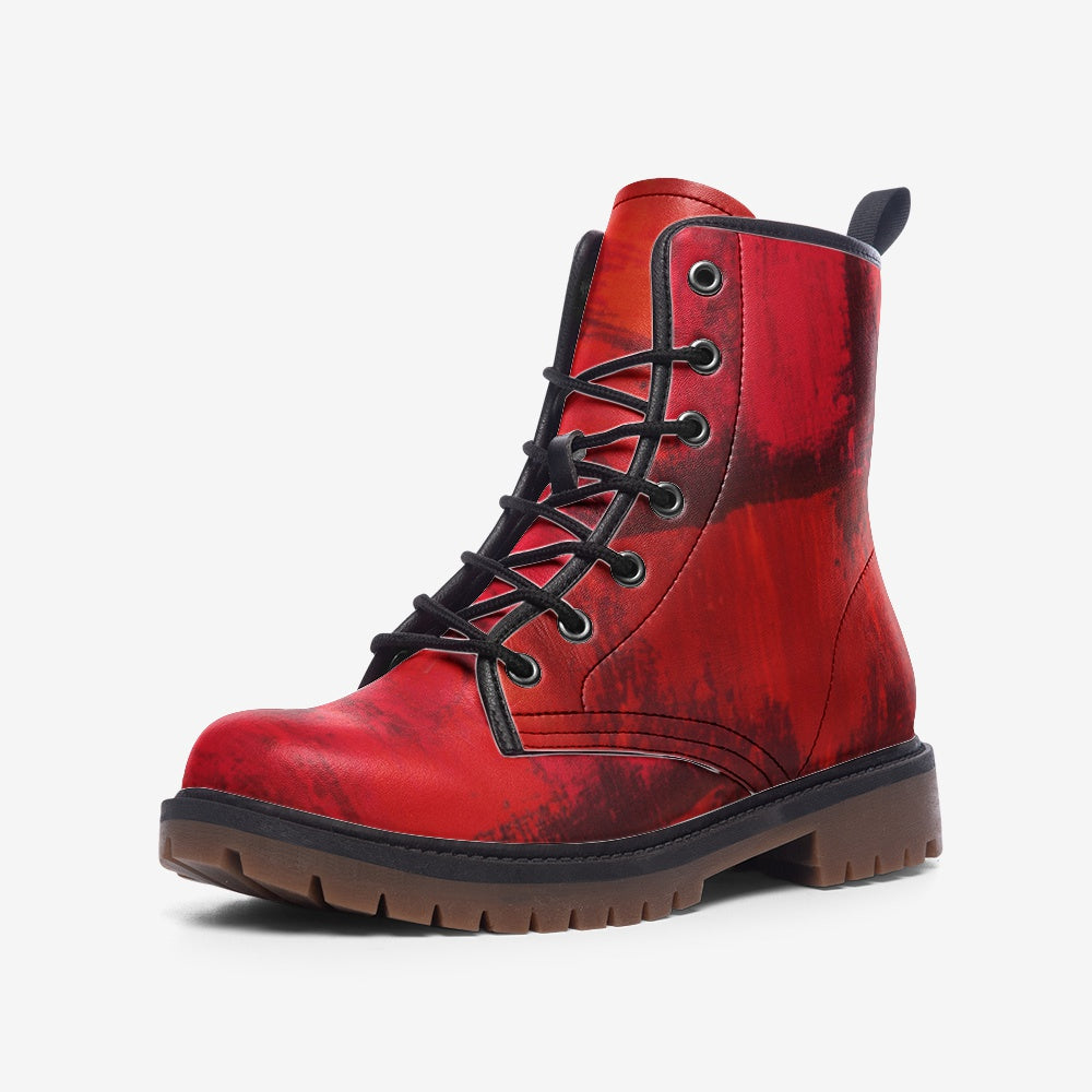a pair of red boots with black laces