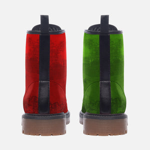 two pairs of boots, one red and one green, against a white background.