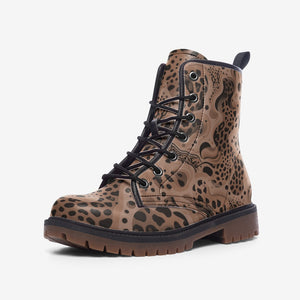 Brown Panther Leopard Vegan Combat Boots| Vintage Faux Leather Boots| Military Style Boots| Trendy & Comfortable Footwear For Women| Men