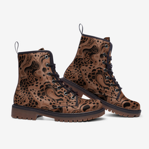 Brown Panther Leopard Vegan Combat Boots| Vintage Faux Leather Boots| Military Style Boots| Trendy & Comfortable Footwear For Women| Men