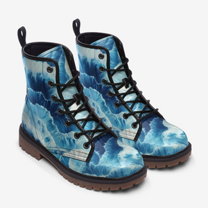 Blue Floral Combat Boots – Trendy Women's Lace-Up Ankle Boots