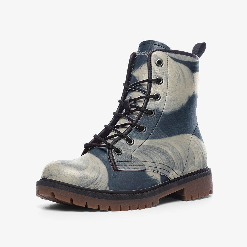 Japanese Art Wave pattern Vegan Leather Boots ( Blue and white)