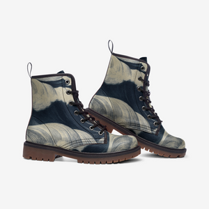 Japanese Art Wave pattern Vegan Leather Boots ( Blue and white)