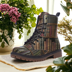 Library Book Lover Vegan Leather Boots (Brown)