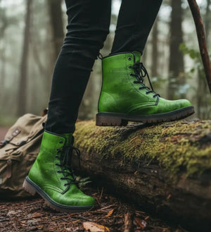 A pair of green boots with black laces is standing on a mossy log in a forested area.