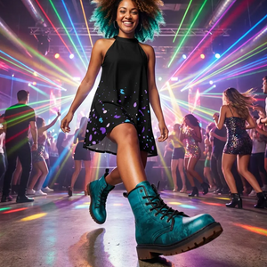 A woman in a black dress with blue polka dots is dancing in a nightclub, surrounded by colorful lights and other people.