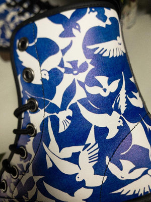 Pigeons Pattern Vegan Leather Boots (Blue and Beige)