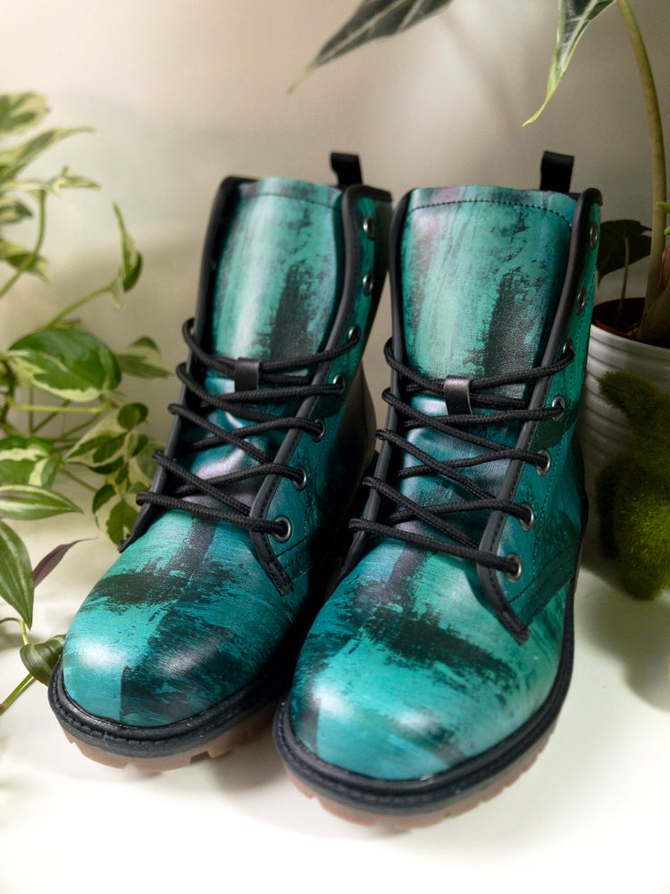 Vintage Dark Green Vegan Combat Boots| Teal Blue Lace Up Boot| Military style boots| Fantasy Leather Boot| Faux Leather Shoes For Women| Men