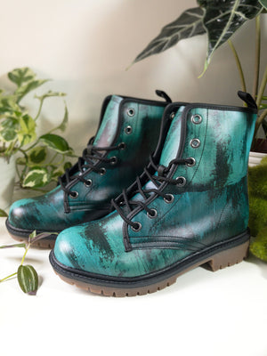 Teal Brushstroke Vegan Combat Boots | Waterproof & Eco-Friendly