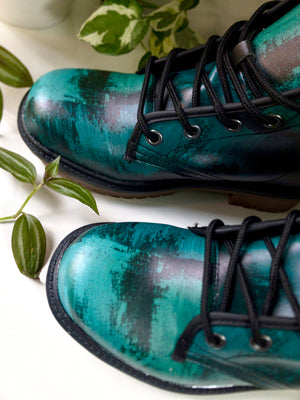 Teal Brushstroke Vegan Combat Boots | Waterproof & Eco-Friendly