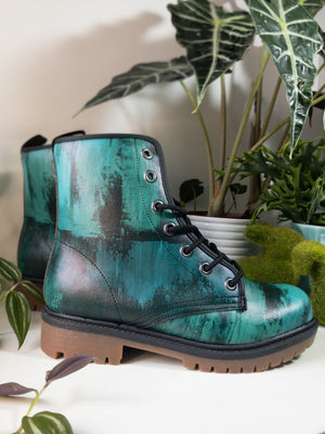 Teal Brushstroke Vegan Combat Boots | Waterproof & Eco-Friendly