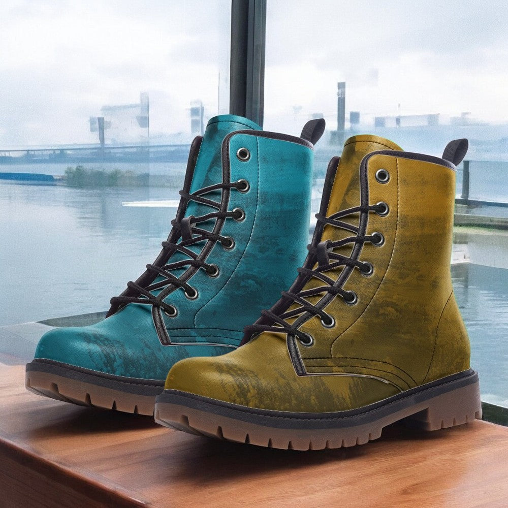 Mismatched Ocean Teal and Gold Combat Boots| Turquoise Fantasy Boots| Hippie Shoes| Blue and Yellow Vegan Leather| For Men| Women| Lace up
