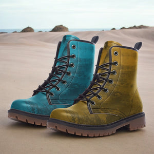Mismatched Ocean Teal and Gold Combat Boots| Turquoise Fantasy Boots| Hippie Shoes| Blue and Yellow Vegan Leather| For Men| Women| Lace up