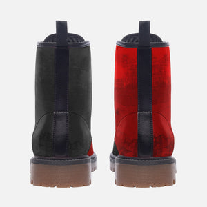 two pairs of boots, one in black and one in red, both with a textured appearance.