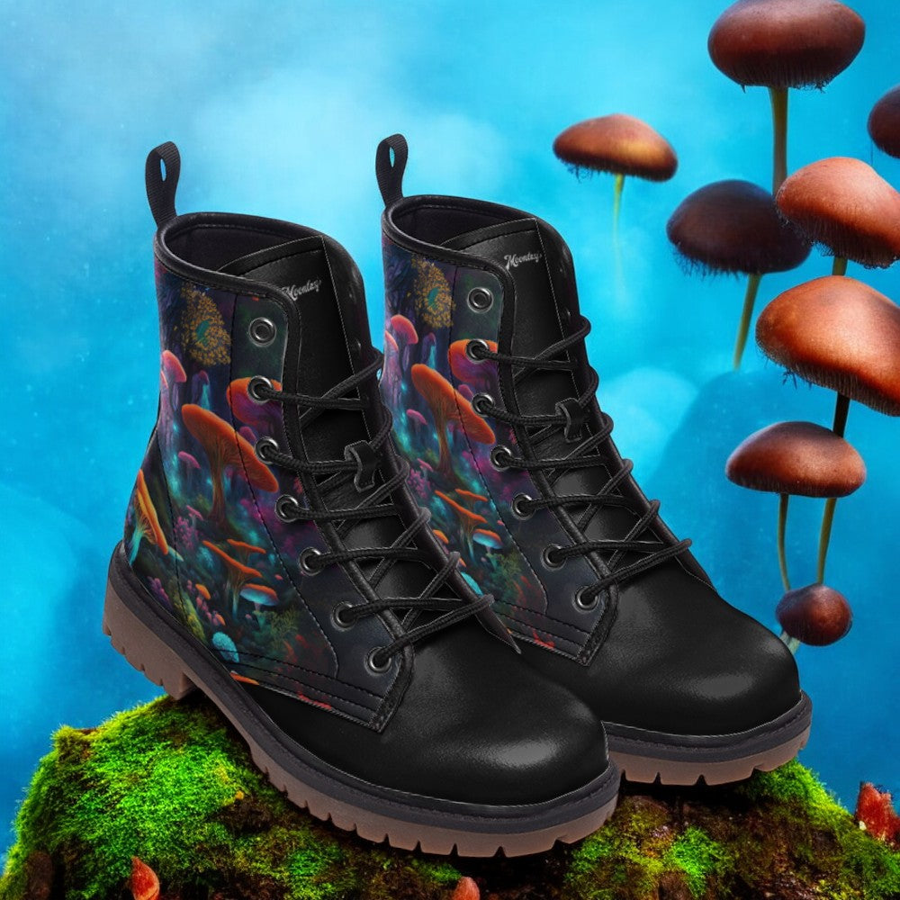 a pair of black boots sitting on top of a moss covered ground