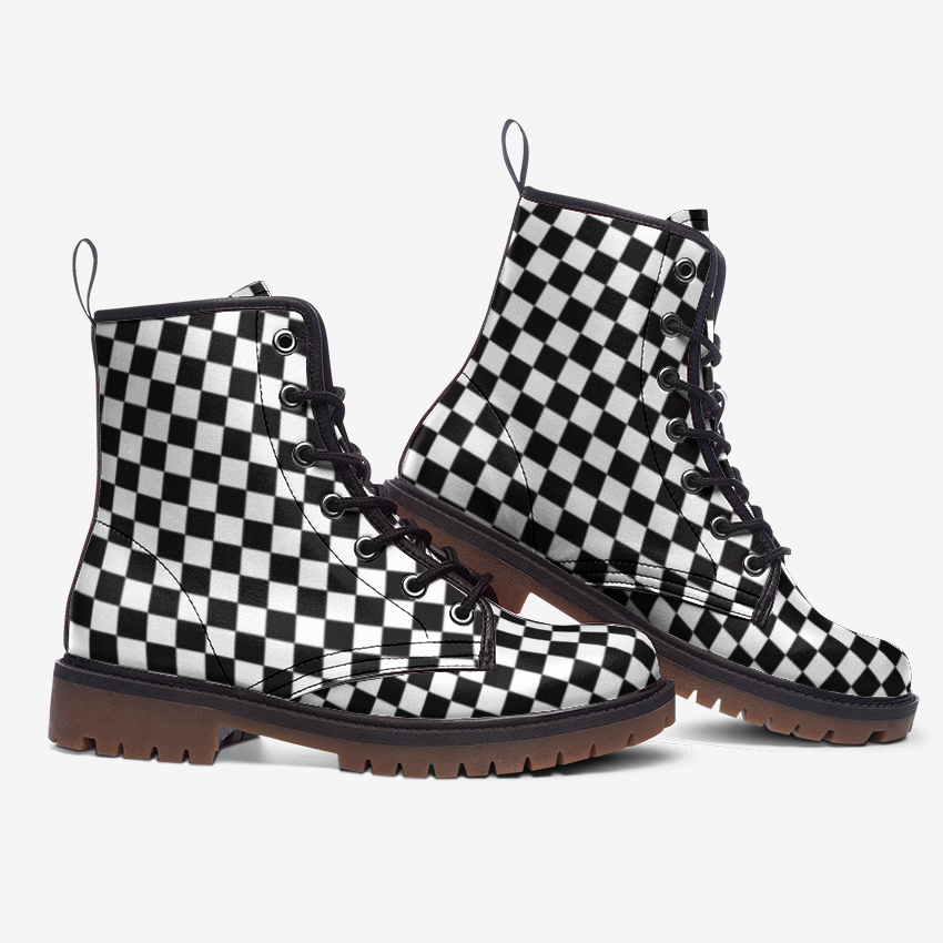 a pair of black and white checkered boots