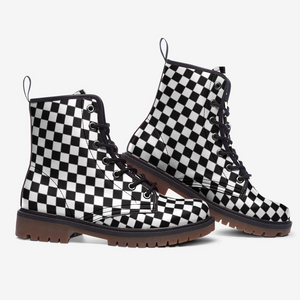 a pair of black and white checkered boots