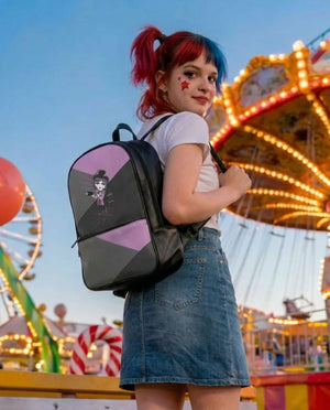 A young woman with red hair and a backpack stands in front of a colorful carnival ride, with a Ferris wheel visible in the background.