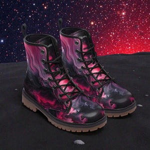A pair of colorful, patterned boots with a starry night sky background.