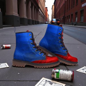 A pair of blue and red combat boots are placed on a city sidewalk, with cans of beer scattered around them.