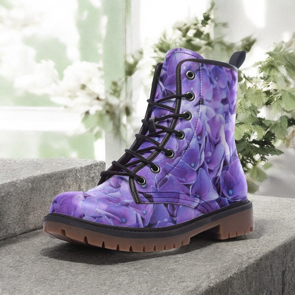 Purple Blossom Vegan Combat Boot| Blossoming boots| Cottagecore Faux Leather Shoes For Women| Teenagers| Unisex| Boho Lace up boot| Cosplay