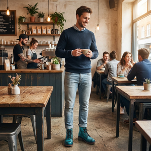 A man in a blue sweater and jeans stands in a coffee shop, holding a cup and smiling, while other people are seated at tables in the background.