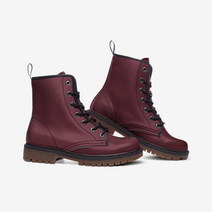 Wine Red Combat Boots| Berry Leather Urban Boots| Vintage Burgundy Lace-Up Boots