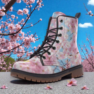 A floral print boot is displayed against a backdrop of blooming cherry blossom trees and a clear blue sky.