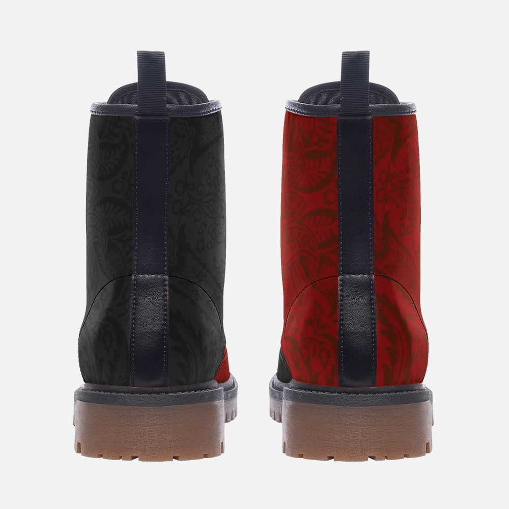 two pairs of boots, one in black and one in red, both with a floral pattern on the side.
