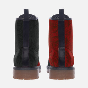 two pairs of boots, one in black and one in red, both with a floral pattern on the side.