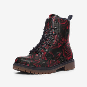Gothic Red and Black Roses Vegan Combat Boots｜Floral Faux Leather Boots｜Goth Girl Lace Up Boots| Cosplay｜Witchcore| Clubwear For Men| Women