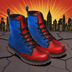 A pair of blue and red boots with a cracked city skyline in the background.