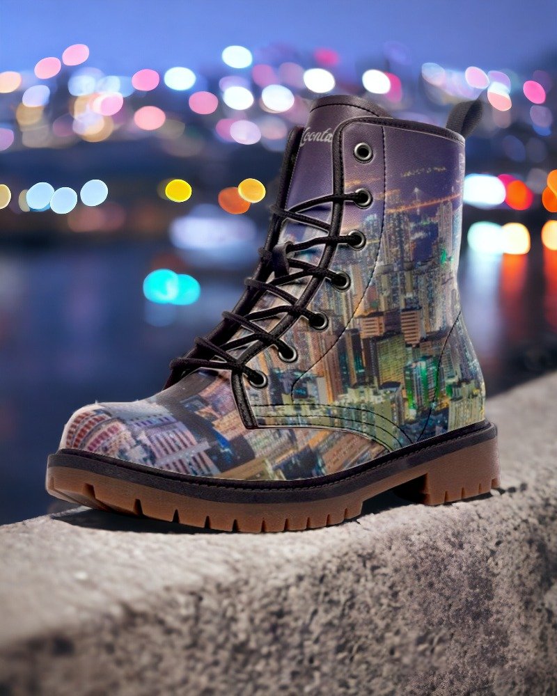 Hong Kong Night View Vegan Leather boots (Black and Grey)
