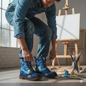 A man in a denim outfit is tying the laces of a pair of blue boots with a starry night sky design, standing in front of an easel with an open canvas and paintbrushes.