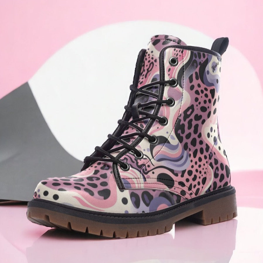 Pink Leopard Vegan Combat Boots| Fantasy Faux Leather Shoes| Vintage| Military Style boots| Fancy| colorful Lace Up Boot For Women| Men
