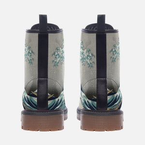 Great Wave Off Kanagawa Vegan Combat Boots | Hokusai Ukiyo-e Wearable Art Shoes | Art Hoe Academia Aesthetic Boots | Artistic Museum Lover Gift Boots | Vaporwave Japan Style Footwear