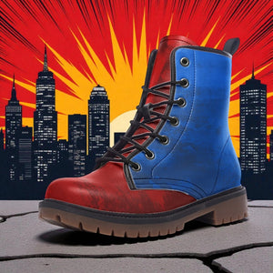 A red and blue boot is prominently displayed against a backdrop of a city skyline at sunset.